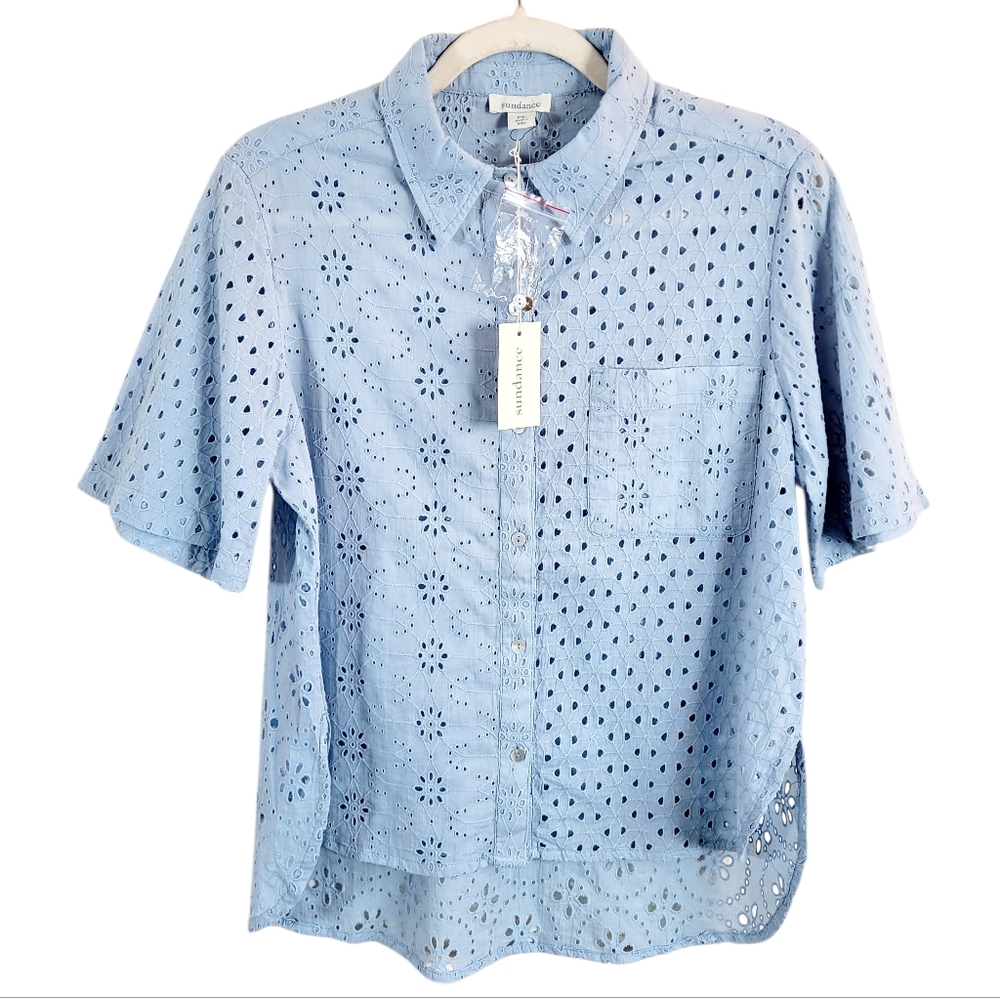 NWT SUNDANCE Light Blue Eyelet Camp Shirt Short Sleeve Button Down Petite Small